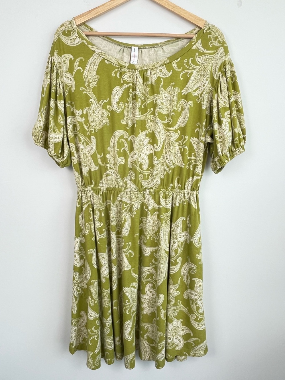 Anthropologie Daily Practice green paisley cotton modal knit mini dress, small.